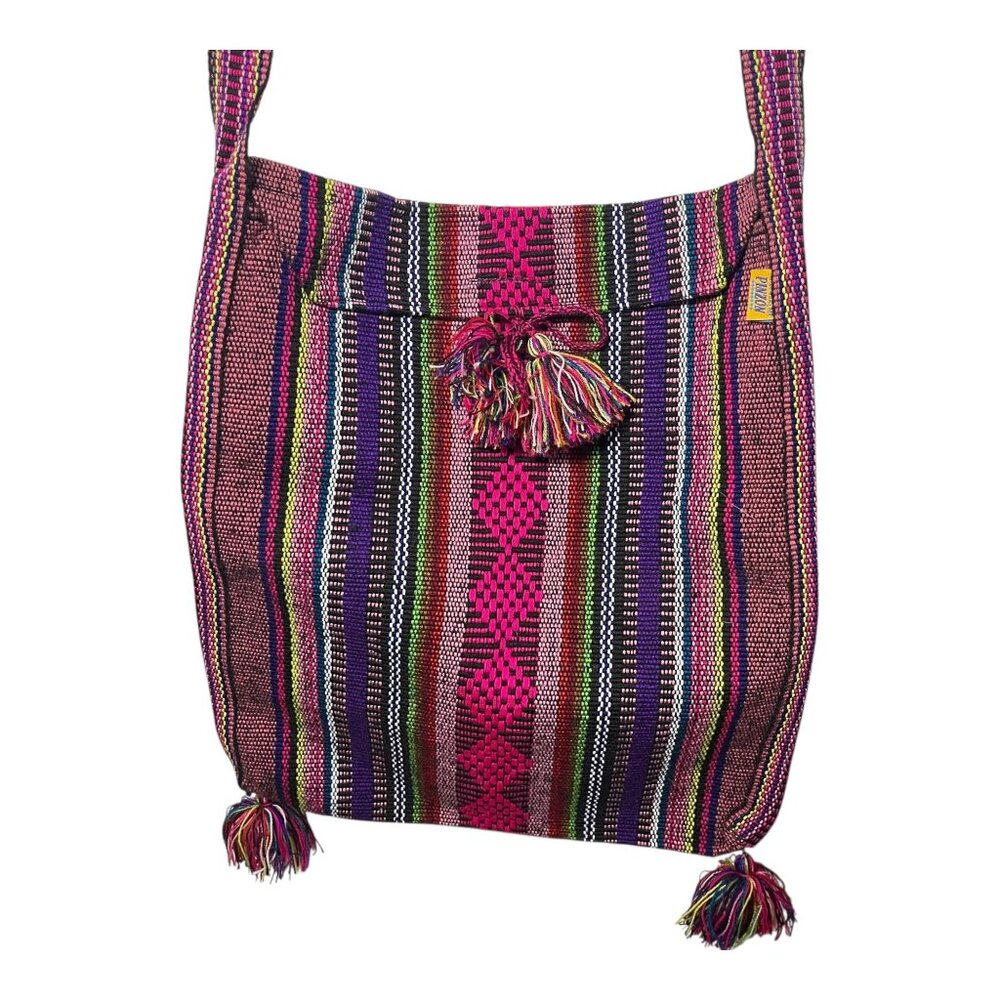 Boho Rainbow Stripe Crossbody Bag – Large Woven Tassel Hippie Shoulder Bag, Pink